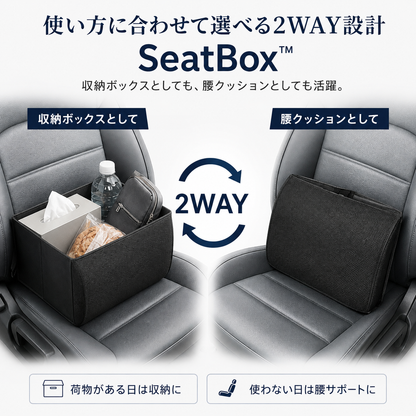 SeatBox™ — 収納ボックスと腰クッションの2WAY